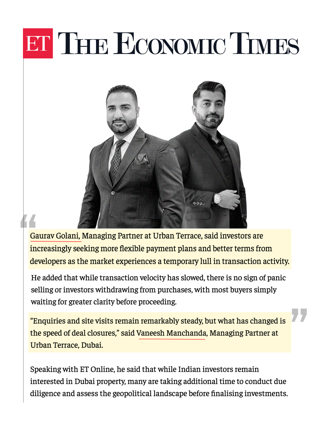 Urban Terrace managing partners Gaurav Golani and Vaneesh Manchanda featured in Economic Times — Golden Visa Dubai 2026