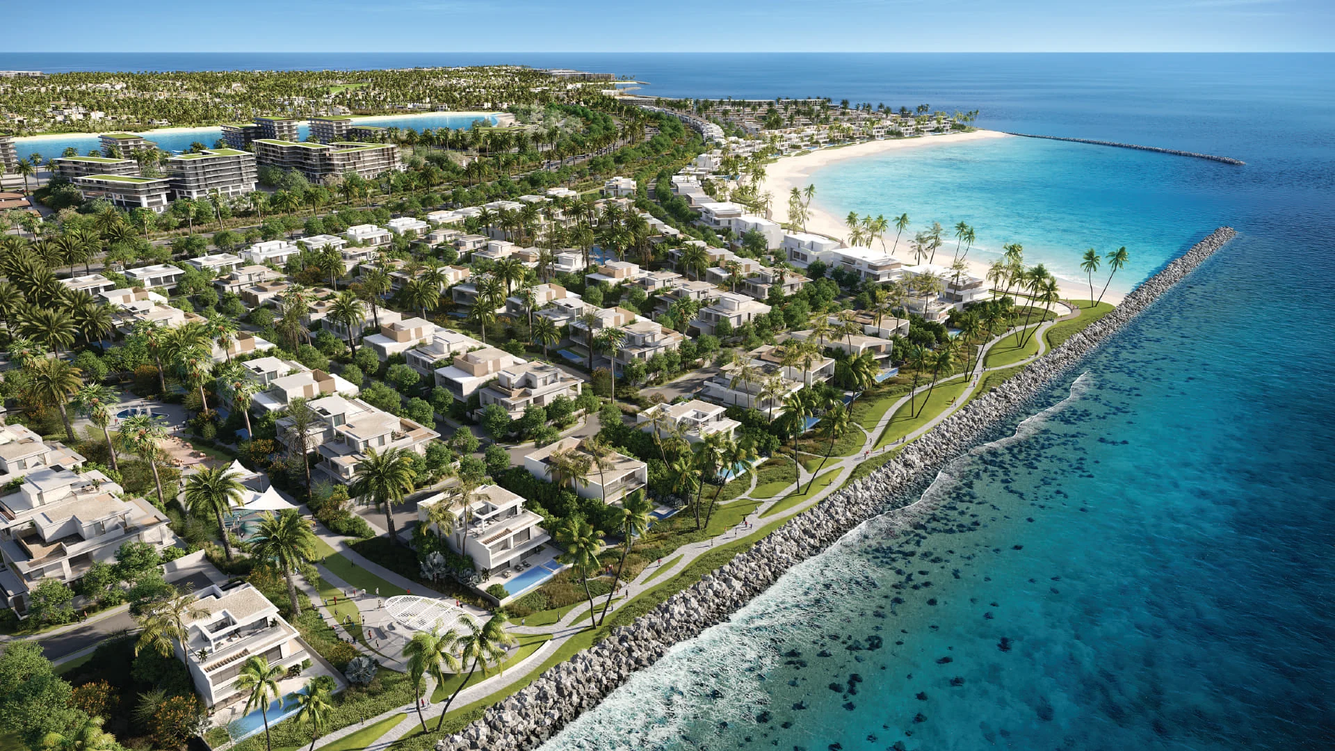 bay villas island e dubai — aerial view of Island E beachfront villas by Nakheel