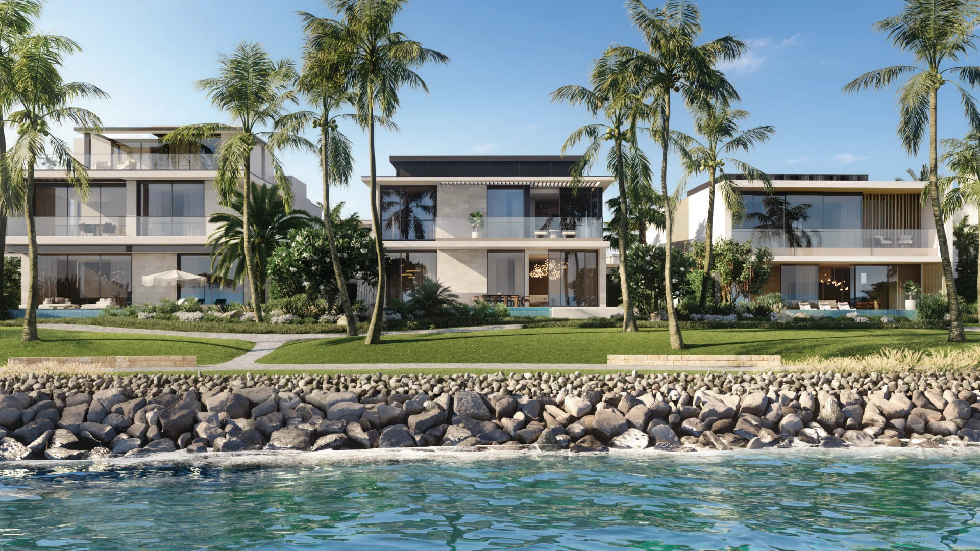 bay villas island e dubai — waterfront villa architecture and beachfront community design