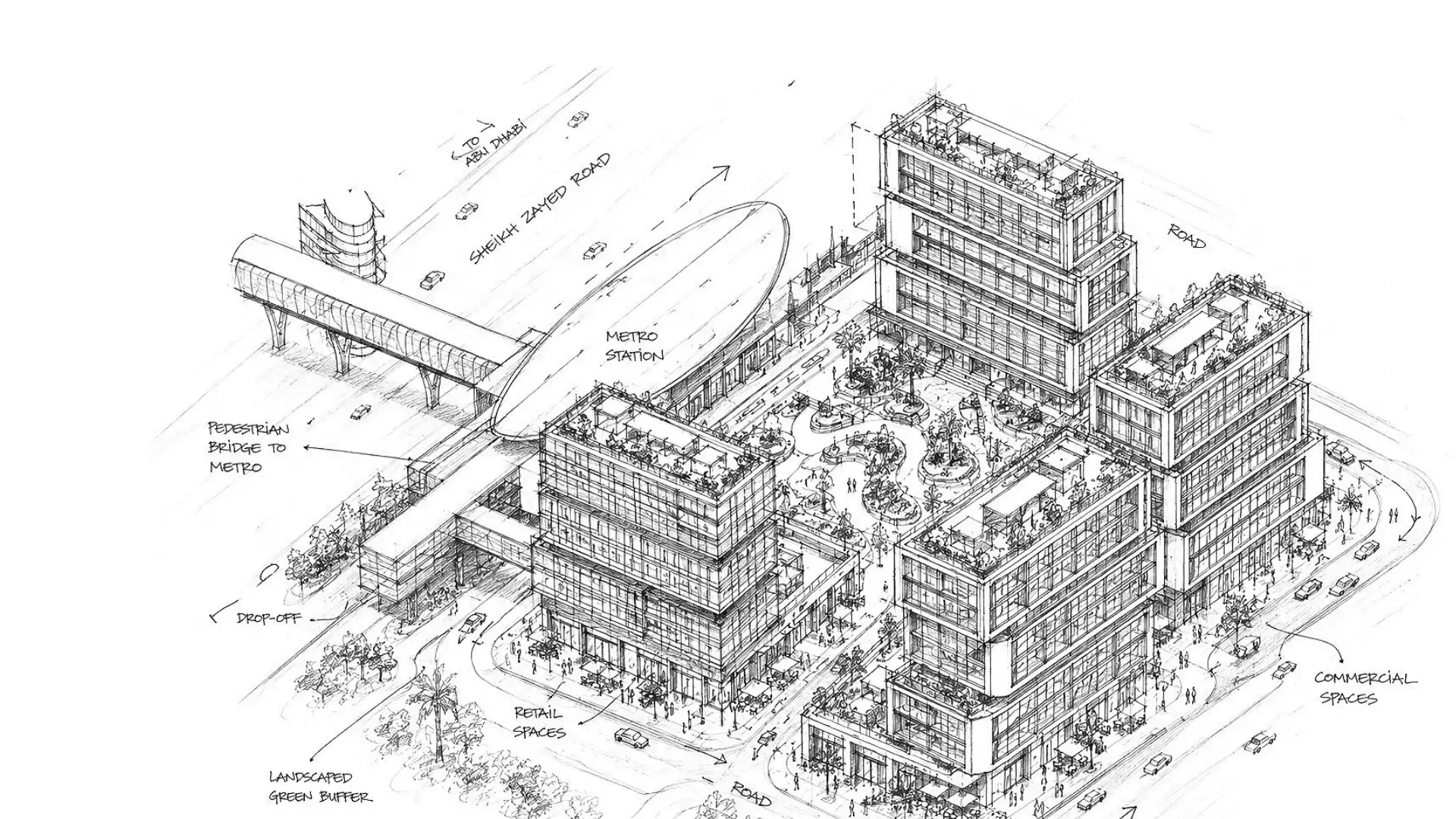 Raw District Dubai — architectural master plan pencil drawing Sheikh Zayed Road mixed-use district