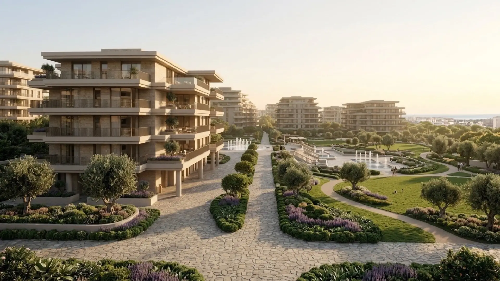 The Yards Arancia BEYOND Developments — arrival fountain walk architecture City of Arabia Dubai