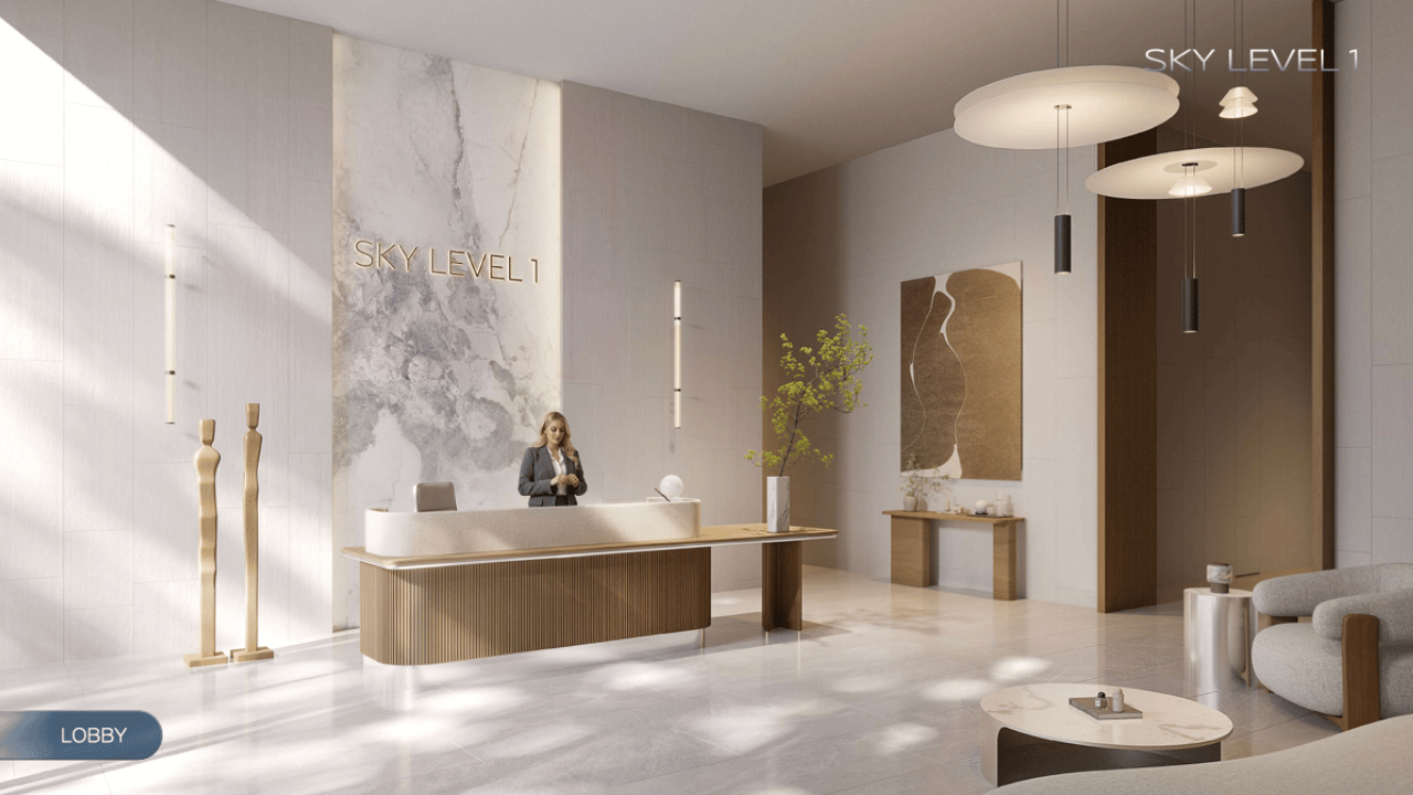 Sky Level 1 JVC — grand lobby and arrival architecture Jumeirah Village Circle Dubai