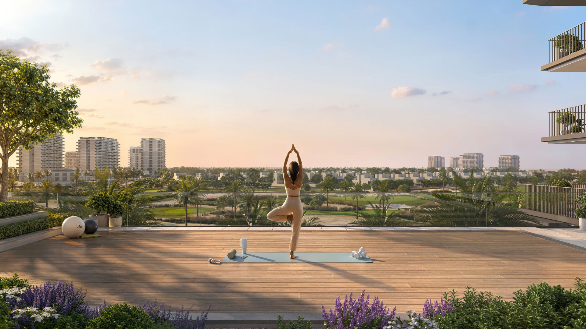 Golf Trails Emaar South apartment interior — open-plan kitchen and dining golf view Dubai