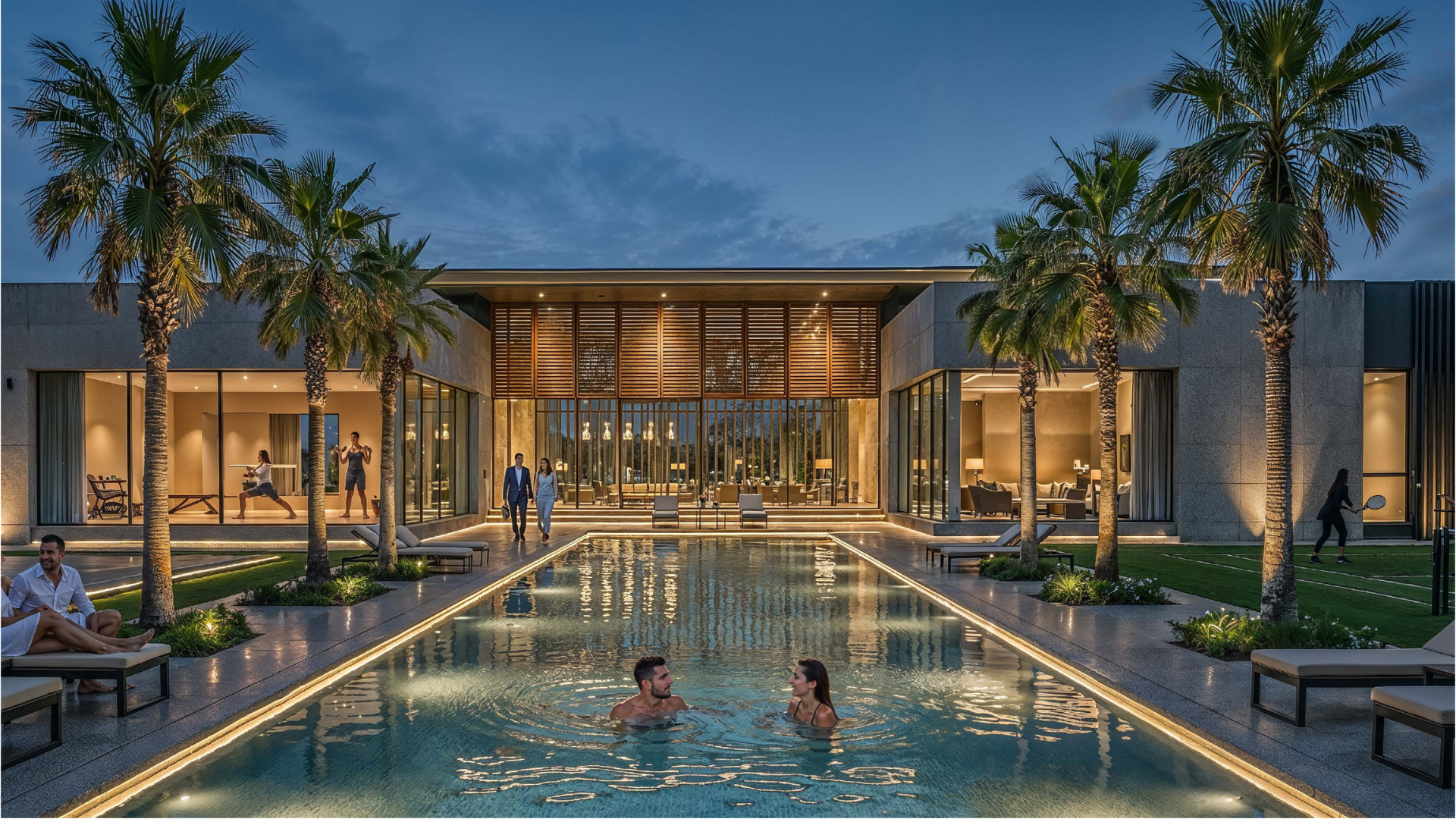 Al Ghadeer Gardens Abu Dhabi community centre pool at dusk