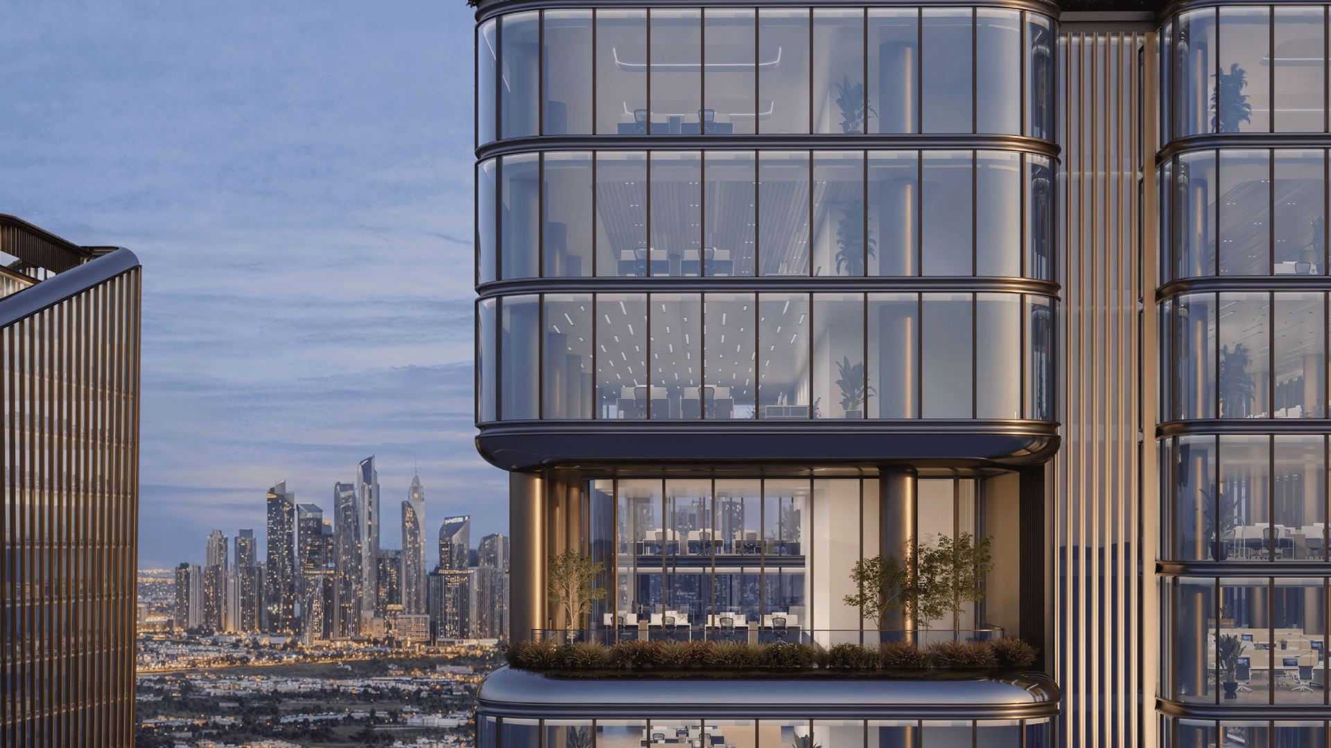DAWN O1NE District exterior with Dubai skyline behind, Motor City