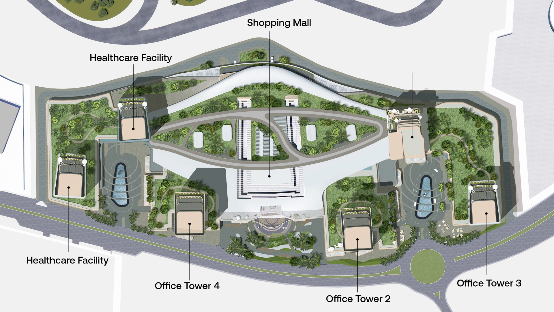 O1NE District masterplan showing office towers, retail mall and healthcare facility Motor City