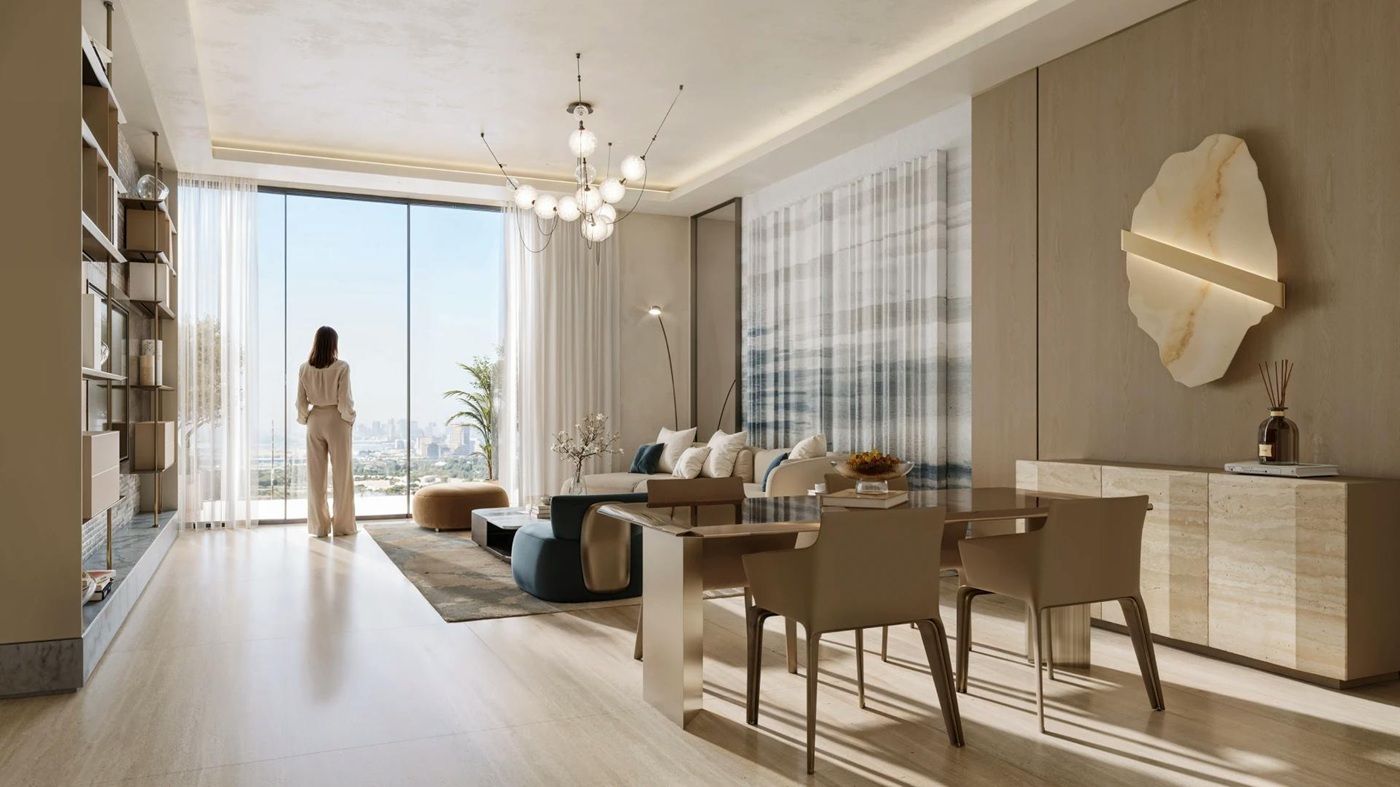Binghatti Wraith apartment — open-plan living area