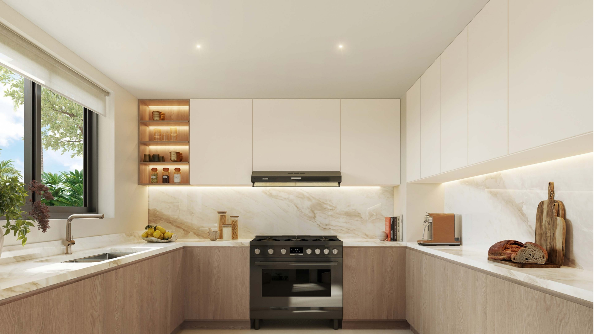 Al Ghadeer Gardens Abu Dhabi open kitchen with marble backsplash